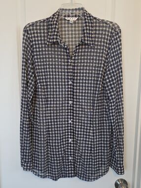 CAbi Navy and Cream Check Button-Down Blouse